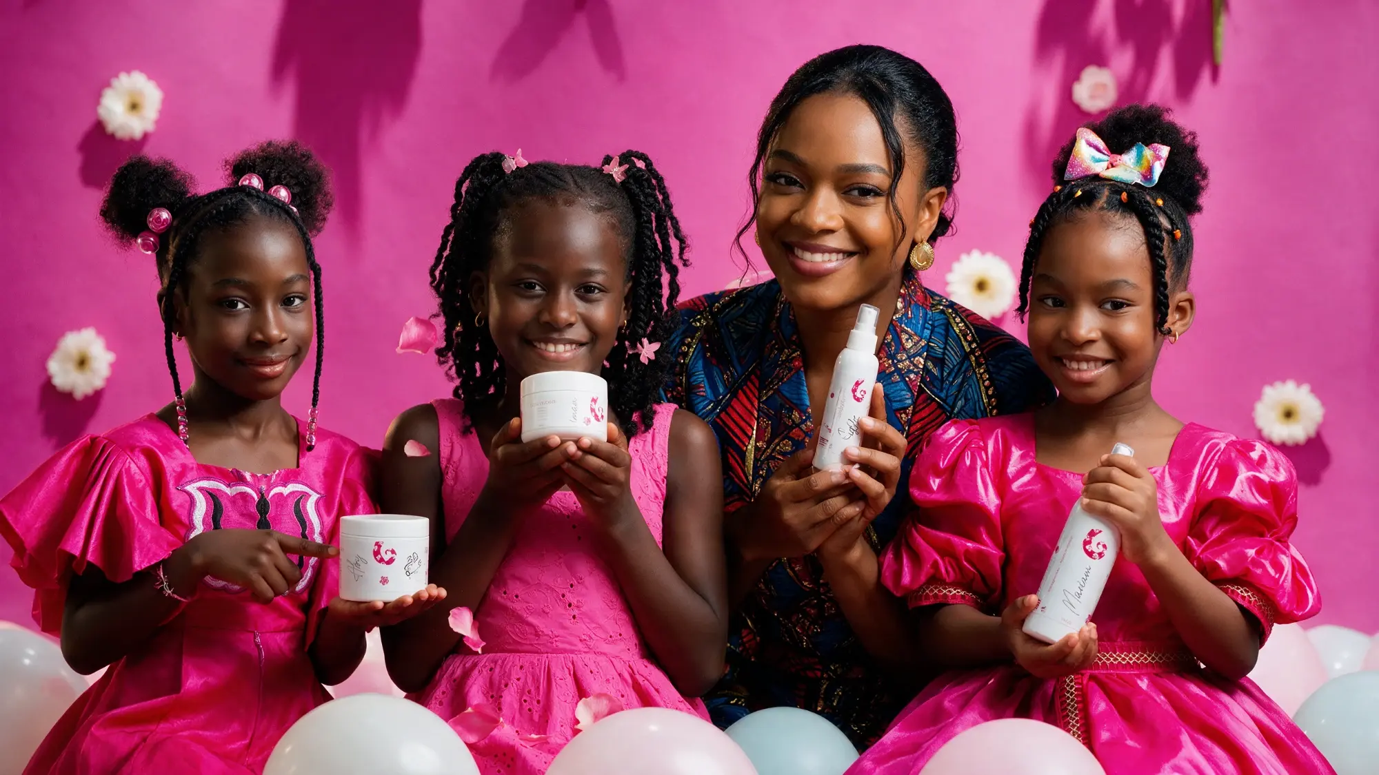 Trois fillettes et une maman présentent les soins Kids Karaw